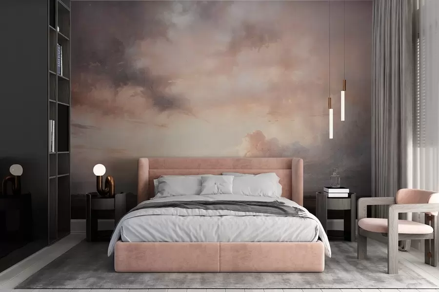 murales de pared Impresión con textura de paisaje dramático de cielo nublado sobre un tranquilo lago al atardecer, con colinas visibles en la distancia w08409