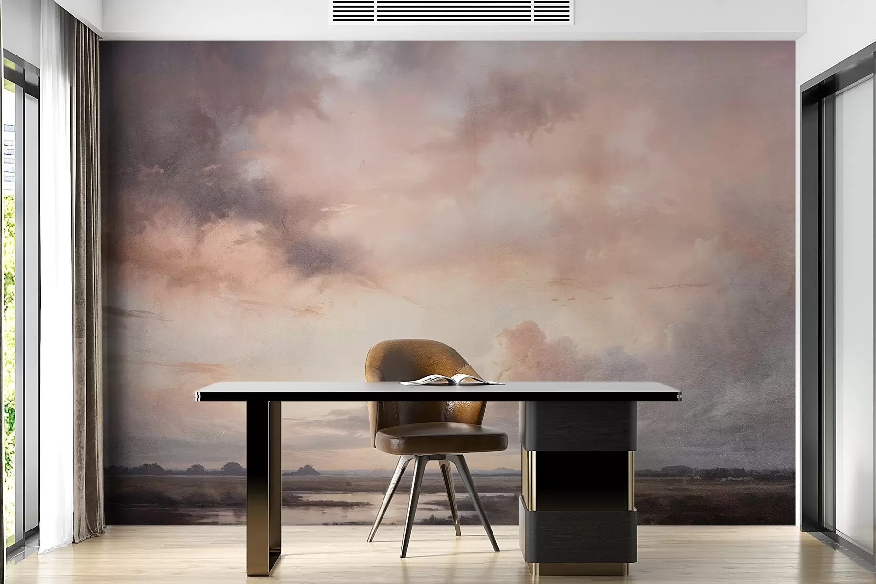 murales de pared Impresión con textura de paisaje dramático de cielo nublado sobre un tranquilo lago al atardecer, con colinas visibles en la distancia. w08409