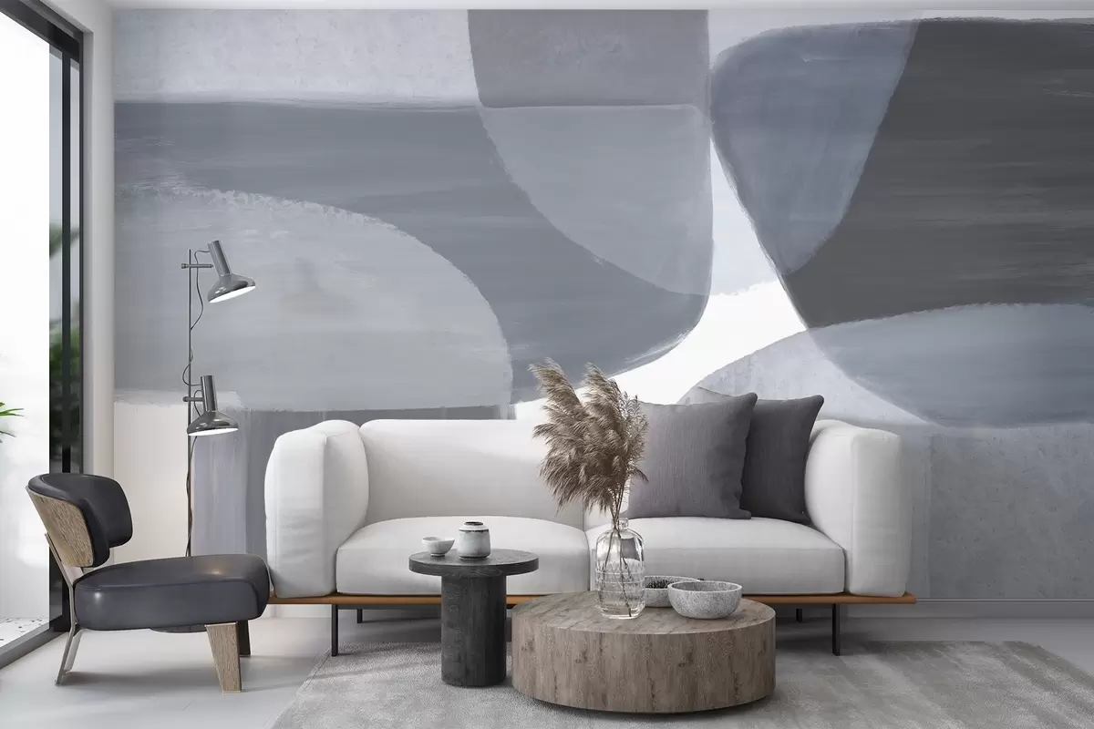 Murales de pared Un estampado abstracto monocromo con formas minimalistas superpuestas en tonos grises y azules. w08410 murales de pared Un estampado abstracto monocromo con formas minimalistas superpuestas en tonos grises y azules. w08410