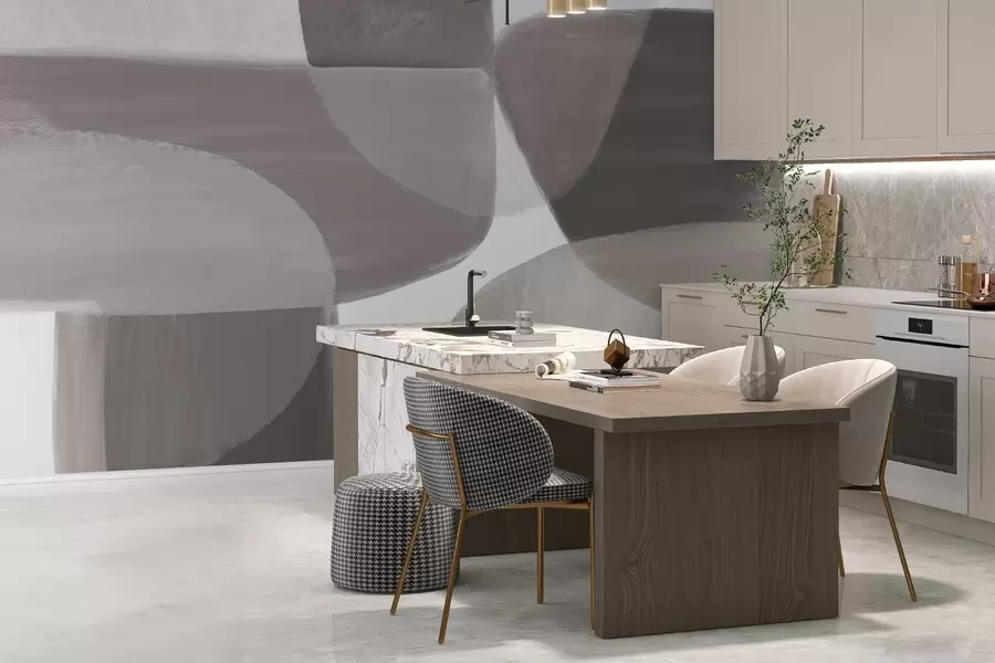 Murales de pared Un estampado abstracto monocromo con formas minimalistas superpuestas en tonos grises y beige. w08410v1 murales de pared Un estampado abstracto monocromo con formas minimalistas superpuestas en tonos grises y beige. w08410v1