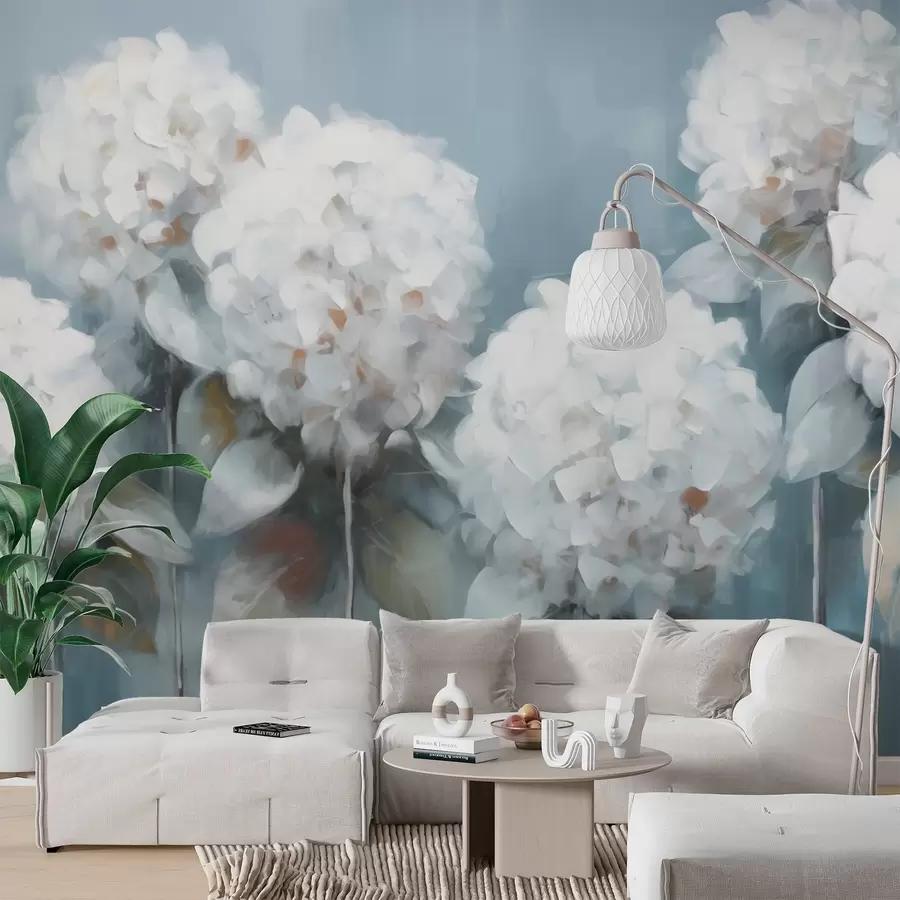 Murales de pared Hortensias blancas sobre fondo azul w02159 murales de pared Hortensias blancas sobre fondo azul w02159