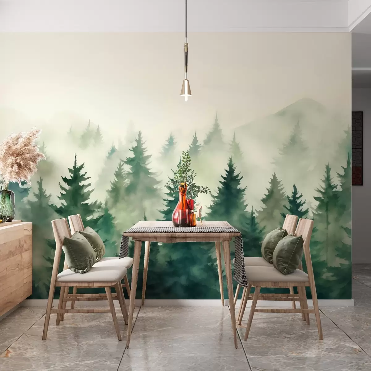 Murales de pared Bosque brumoso en suaves tonos verdes w02161 murales de pared Bosque brumoso en suaves tonos verdes w02161
