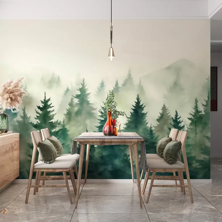 Murales de pared Bosque brumoso en suaves tonos verdes w02161 murales de pared Bosque brumoso en suaves tonos verdes w02161