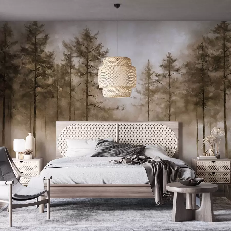 murales de pared Bosque místico, pinos, niebla, pintura acrílica, colores beige w02149v1