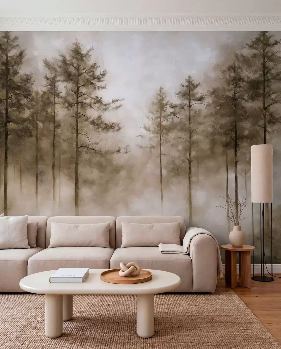 murales de pared Bosque místico, pinos, niebla, pintura acrílica, colores beige w02149v1