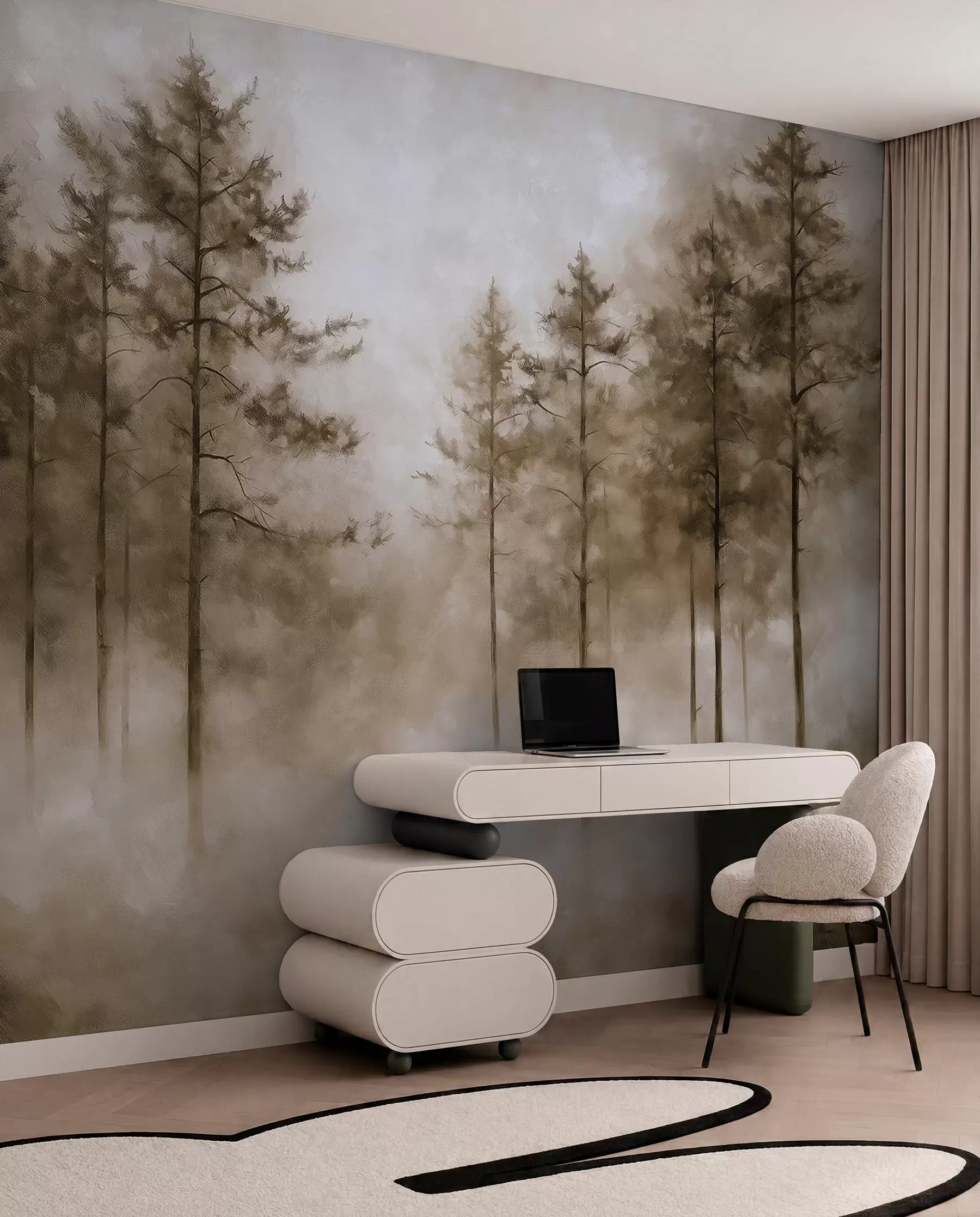 murales de pared Pinos en la bruma cálida w02149v1