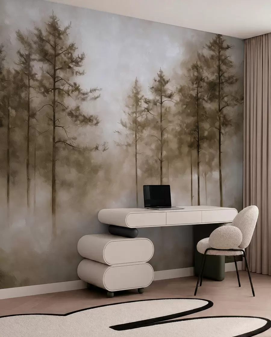 murales de pared Pinos en la bruma cálida w02149v1