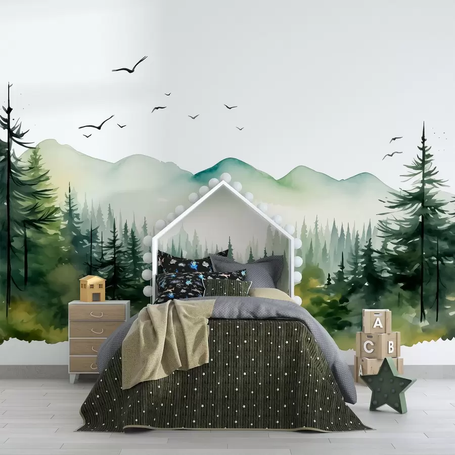 murales de pared Paisajes de bosque y montaña en acuarela, paleta de colores verdes  w02150