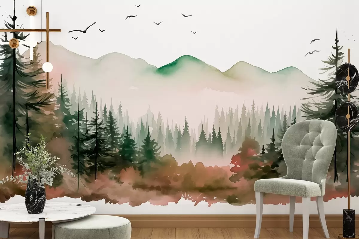 murales de pared Paisajes de bosque y montaña en acuarela, colores verde y rosa  w02150v1