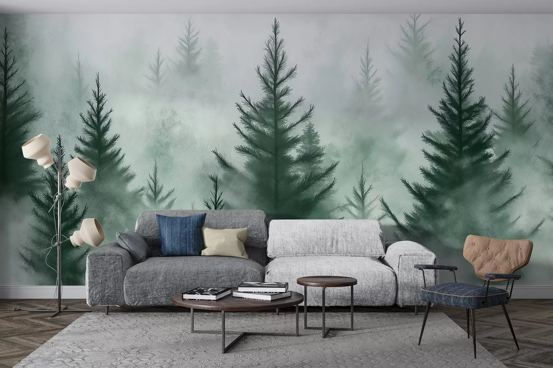 murales de pared Bosque en la niebla, pinos, acuarela, colores verdes w02152v1