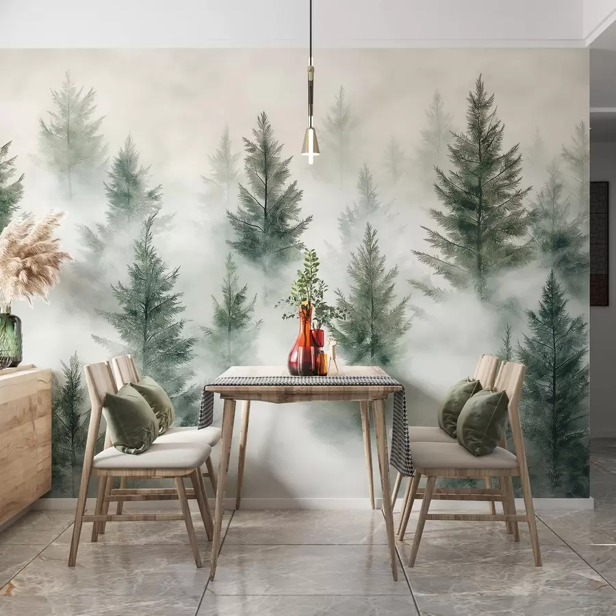 Murales de pared Hermoso bosque con pinos, niebla, paisajes de naturaleza, colores verdes w02222 murales de pared Hermoso bosque con pinos, niebla, paisajes de naturaleza, colores verdes w02222