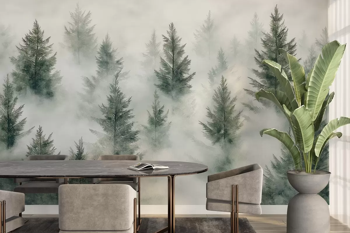 Murales de pared Hermoso bosque con pinos, niebla, paisajes de naturaleza, colores verdes w02222 murales de pared Hermoso bosque con pinos, niebla, paisajes de naturaleza, colores verdes w02222