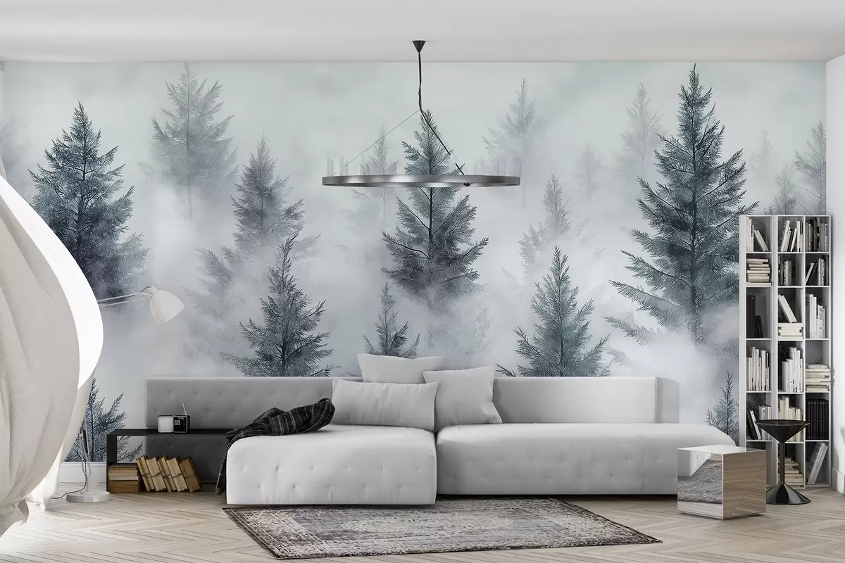 Murales de pared Hermoso bosque con pinos, niebla, paisajes de naturaleza, colores grises w02222v2 murales de pared Hermoso bosque con pinos, niebla, paisajes de naturaleza, colores grises w02222v2