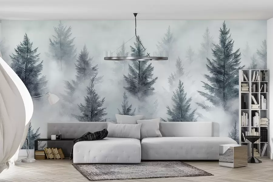 Murales de pared Hermoso bosque con pinos, niebla, paisajes de naturaleza, colores grises w02222v2 murales de pared Hermoso bosque con pinos, niebla, paisajes de naturaleza, colores grises w02222v2