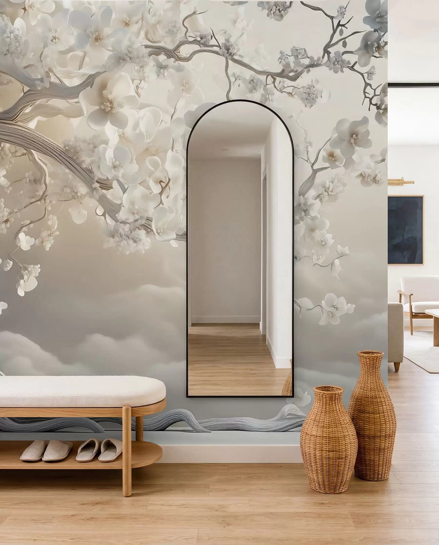 murales de pared Un árbol encantador con flores blancas contra el fondo de nubes en un estilo interesante en delicados colores cálidos w02133