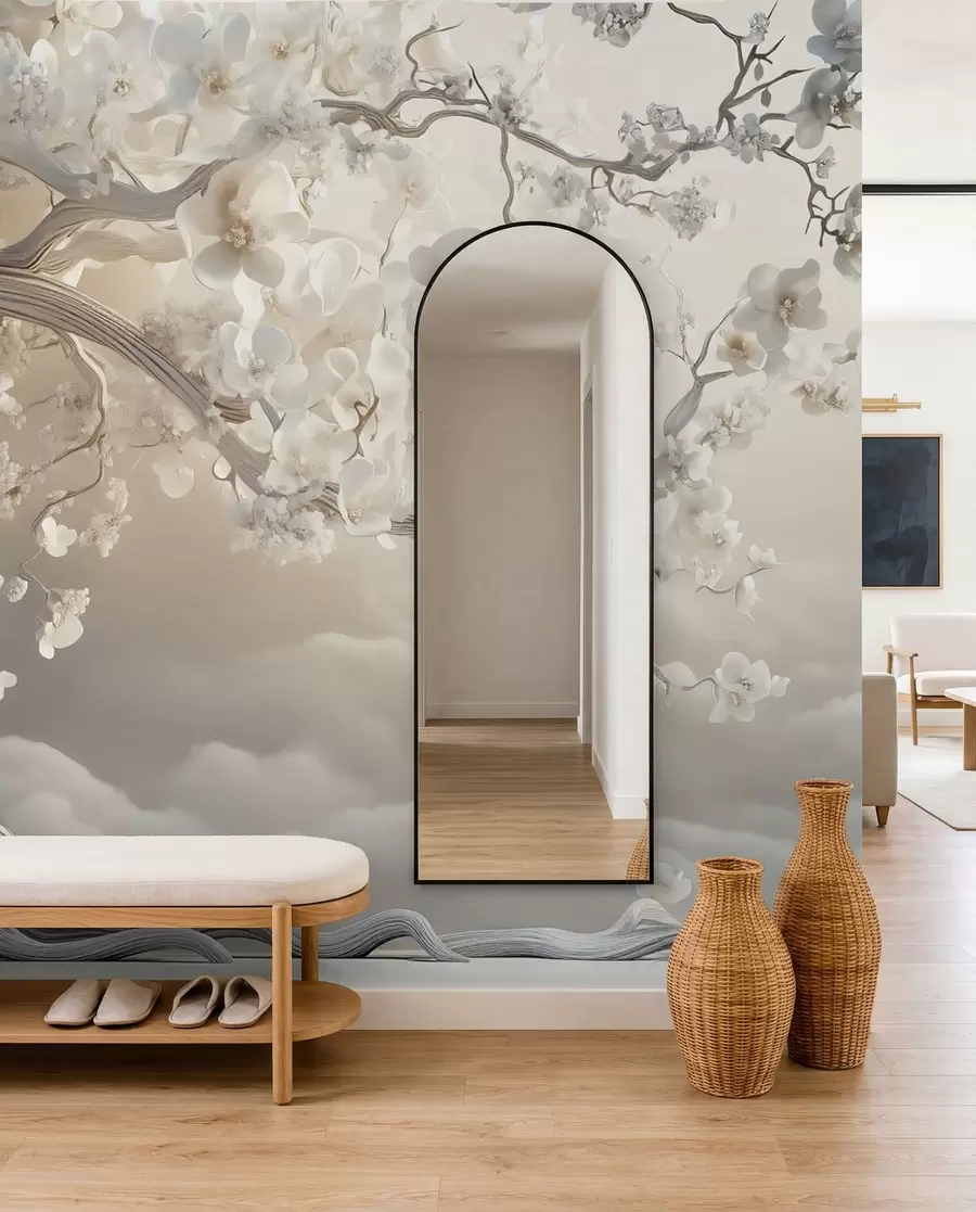 murales de pared Un árbol encantador con flores blancas contra el fondo de nubes en un estilo interesante en delicados colores cálidos w02133