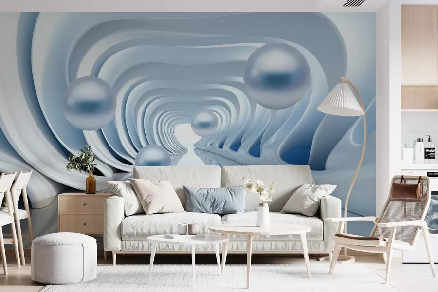 Murales de pared Papel pintado futurista con una panorámica del túnel en perspectiva y perlas voladoras w02134 murales de pared Papel pintado futurista con una panorámica del túnel en perspectiva y perlas voladoras w02134