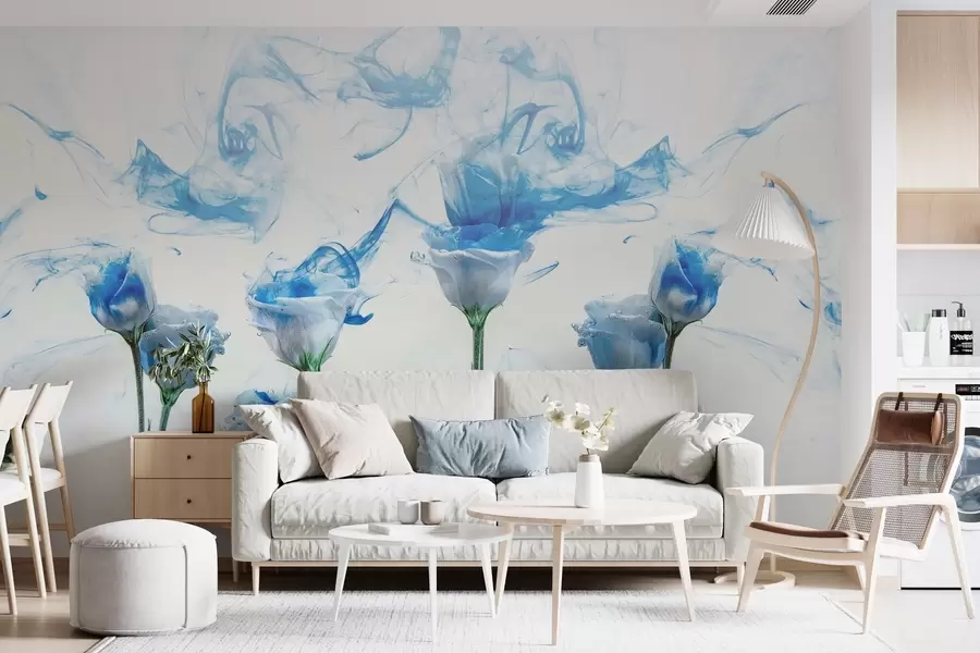 Murales de pared Rosas blancas bajo el agua sobre fondo blanco con vetas de pintura acrílica azul. w02139 murales de pared Rosas blancas bajo el agua sobre fondo blanco con vetas de pintura acrílica azul. w02139