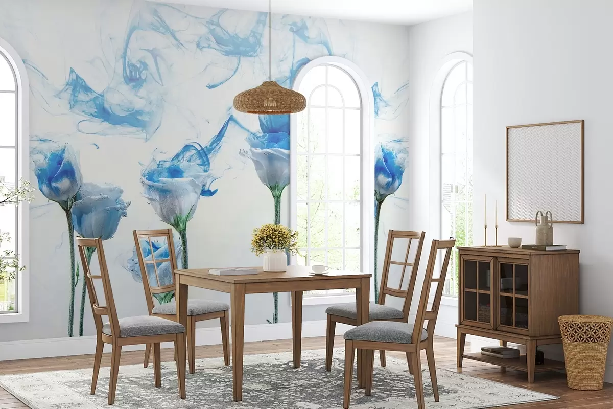 Murales de pared Rosas blancas bajo el agua sobre fondo blanco con vetas de pintura acrílica azul. w02139 murales de pared Rosas blancas bajo el agua sobre fondo blanco con vetas de pintura acrílica azul. w02139