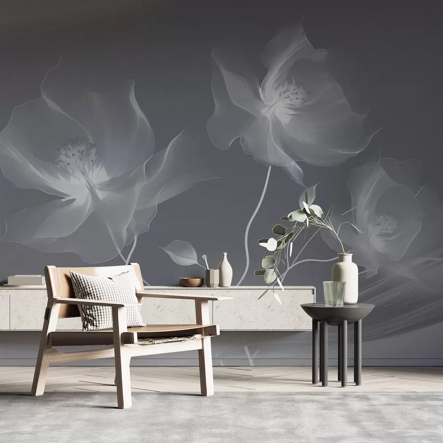 murales de pared Tres gráciles flores de pétalos translúcidos, entrelazadas con cintas de luz y viento en tonos azules w01932v2