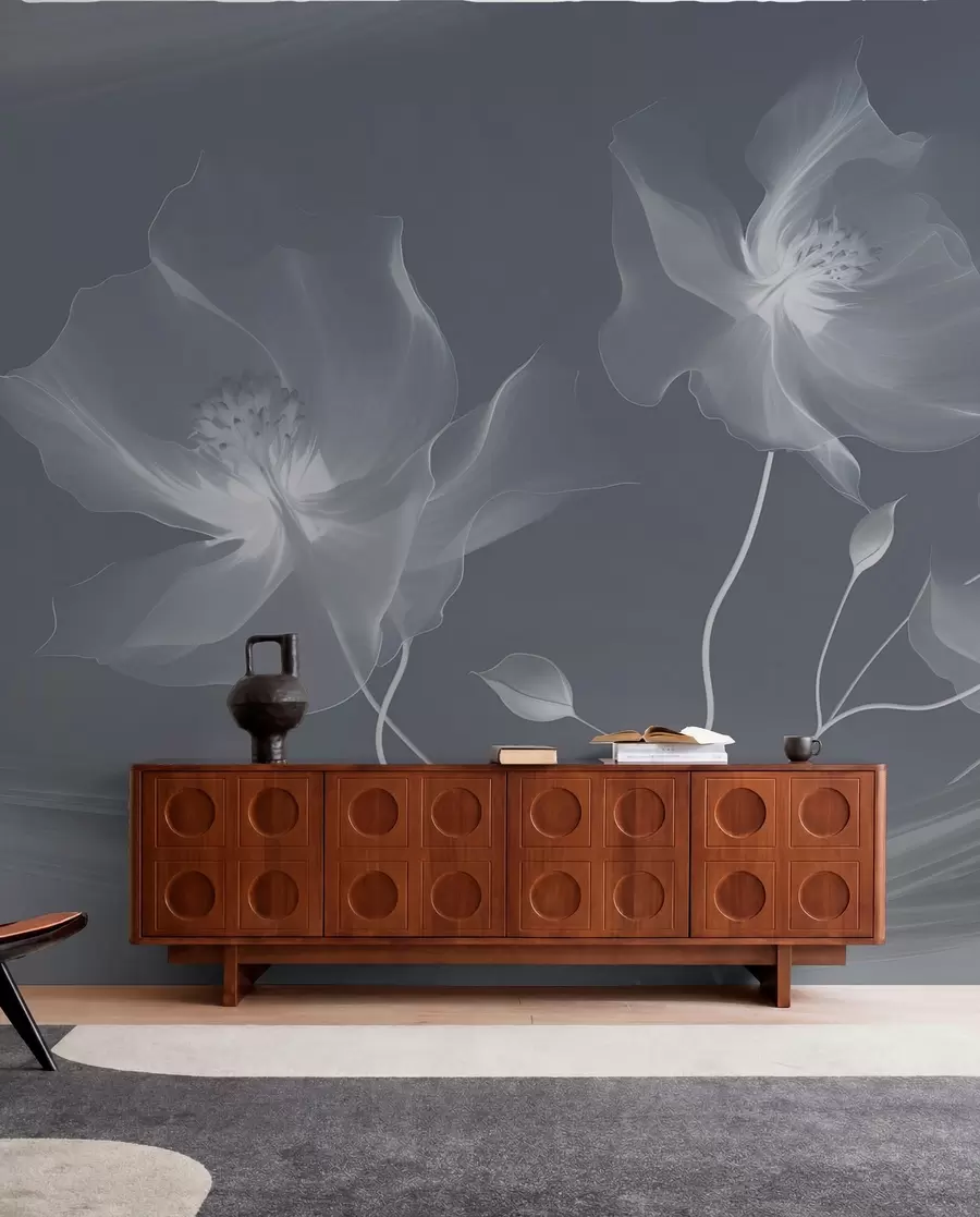 murales de pared Tres gráciles flores de pétalos translúcidos, entrelazadas con cintas de luz y viento en tonos azules w01932v2