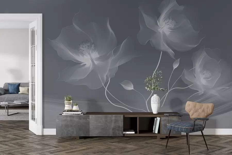 murales de pared Tres gráciles flores de pétalos translúcidos, entrelazadas con cintas de luz y viento en tonos azules w01932v2