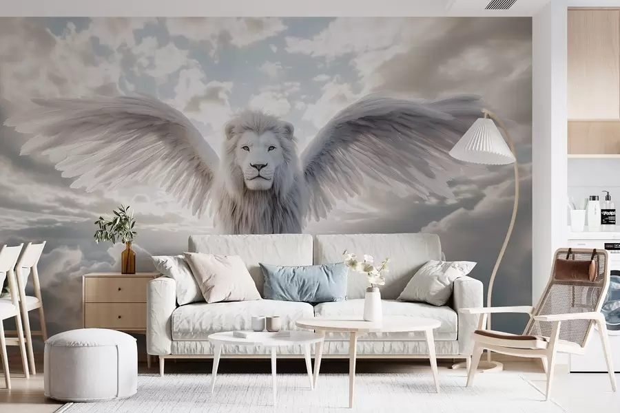 Murales de pared Majestuoso león blanco con una hermosa y exuberante melena blanca y alas contra el cielo en colores grises w02144v1 murales de pared Majestuoso león blanco con una hermosa y exuberante melena blanca y alas contra el cielo en colores grises w02144v1