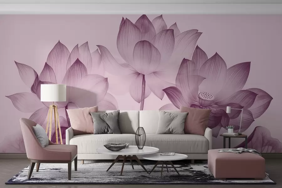 Murales de pared Tres lotos con hojas al estilo de la pintura china en color púrpura w02146v1 murales de pared Tres lotos con hojas al estilo de la pintura china en color púrpura w02146v1