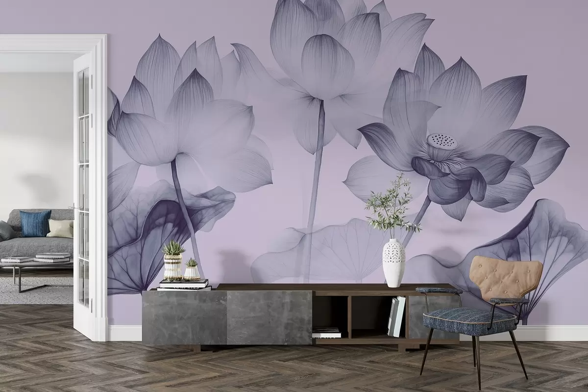 murales de pared Tres lotos con hojas al estilo de la pintura china en color azul w02146v2