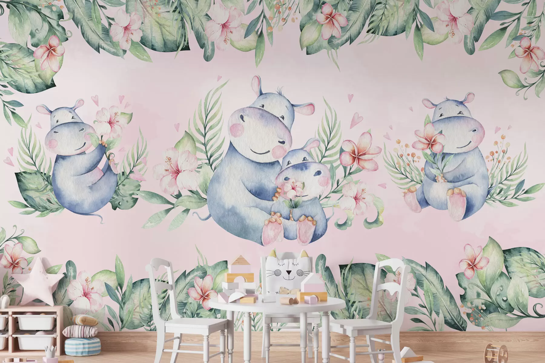 murales de pared Simpáticos hipopótamos con hojas y flores tropicales w02237