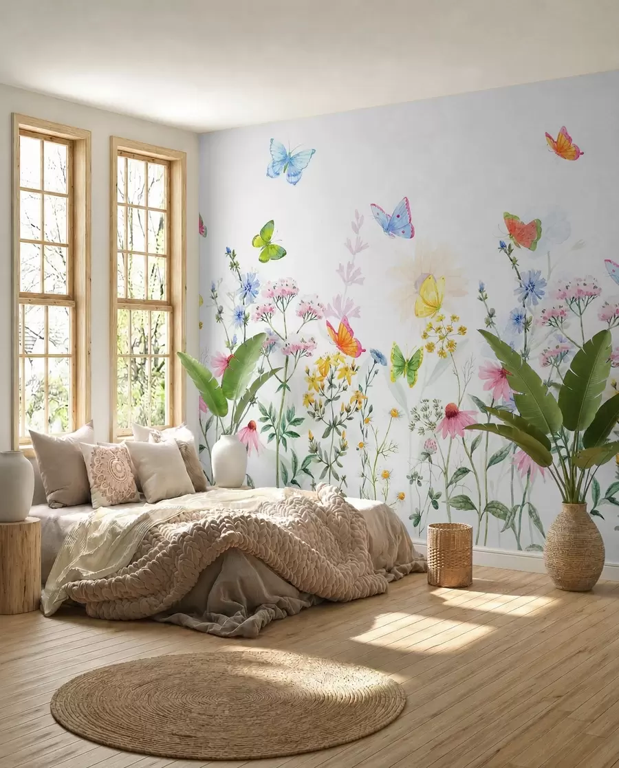 murales de pared Flores y plantas de colores y mariposas w02238