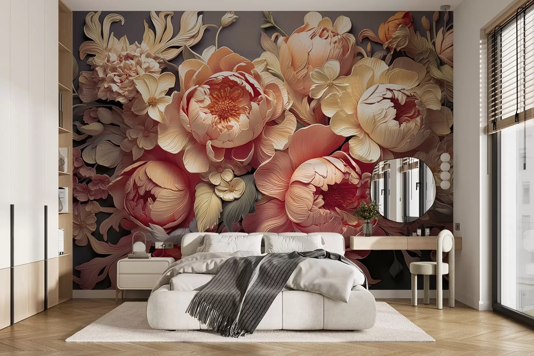 murales de pared Arreglo floral en 3D con peonías rosa-beige y rosas estilo Rococó sobre fondo oscuro w01933