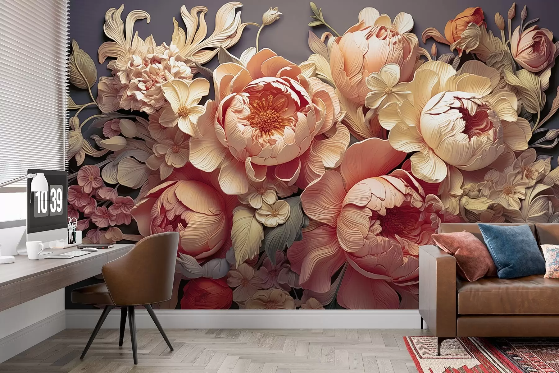 murales de pared Arreglo floral en 3D con peonías rosa-beige y rosas estilo Rococó sobre fondo oscuro w01933