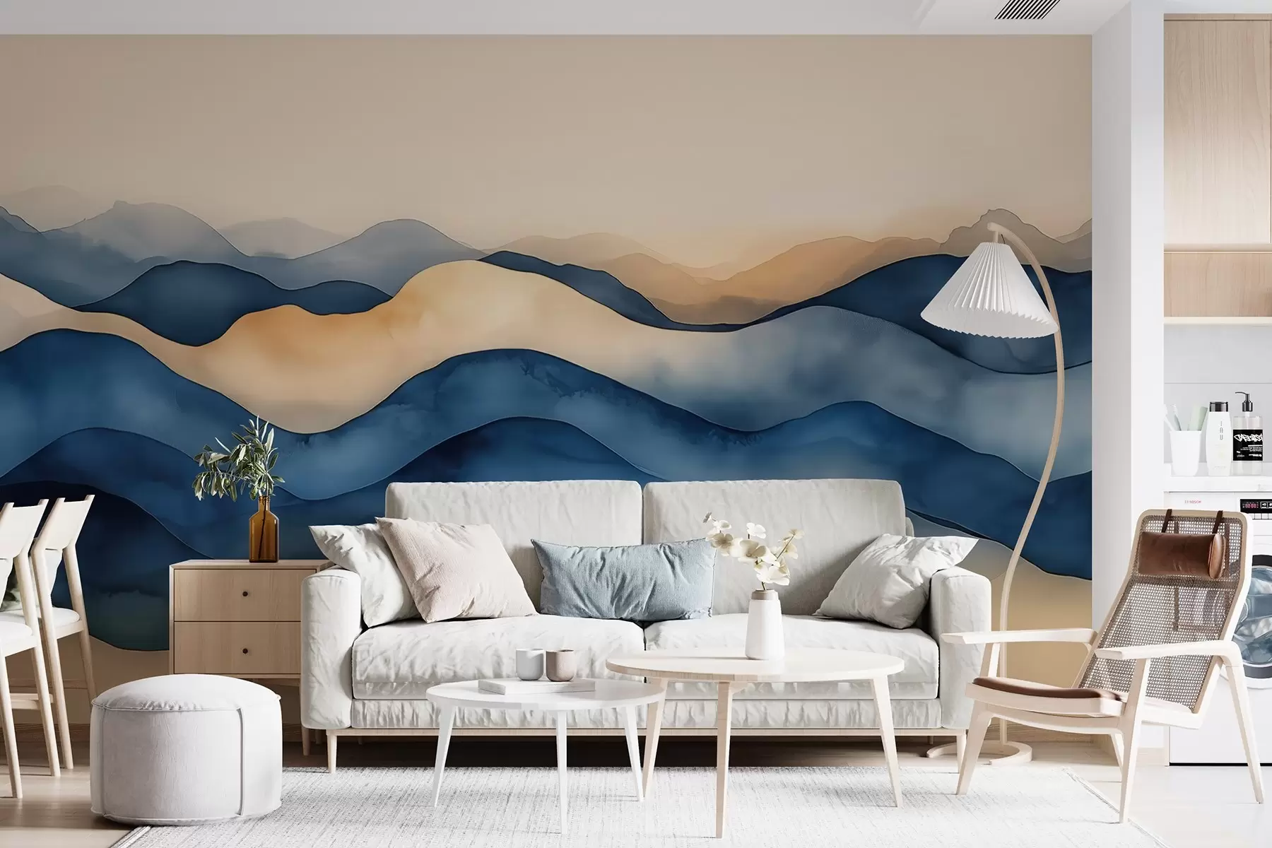murales de pared Ondas abstractas azul-beige que recuerdan a montañas w02196