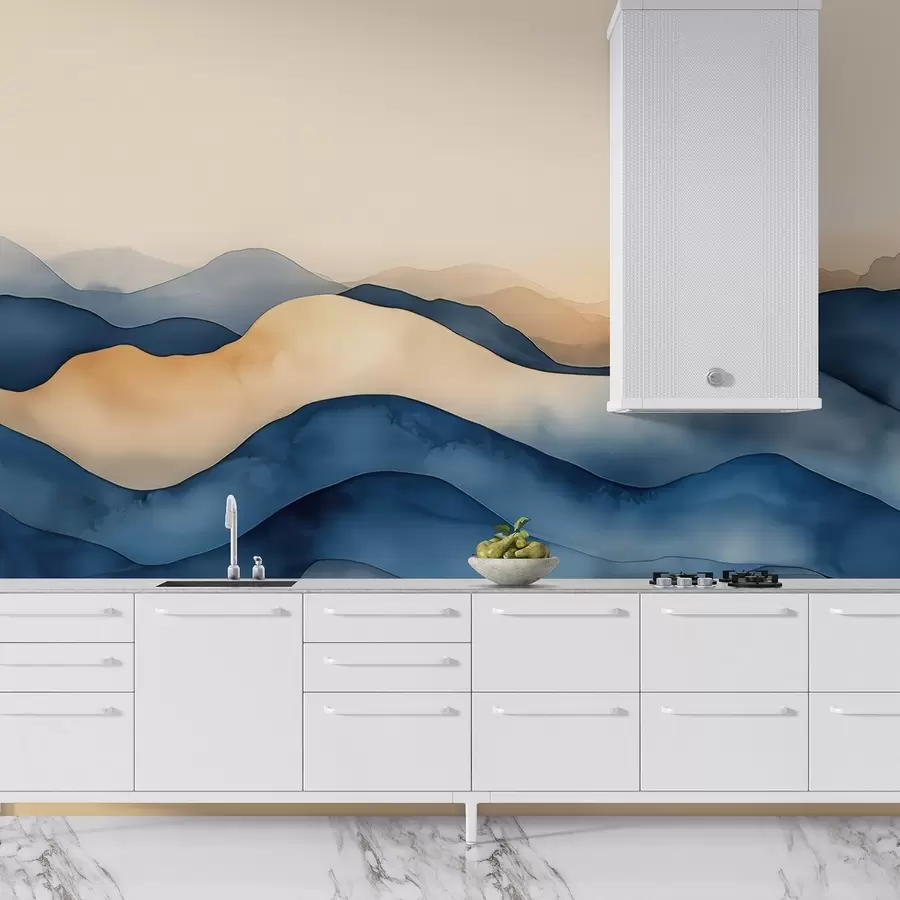 Murales de pared Ondas abstractas azul-beige que recuerdan a montañas w02196 murales de pared Ondas abstractas azul-beige que recuerdan a montañas w02196