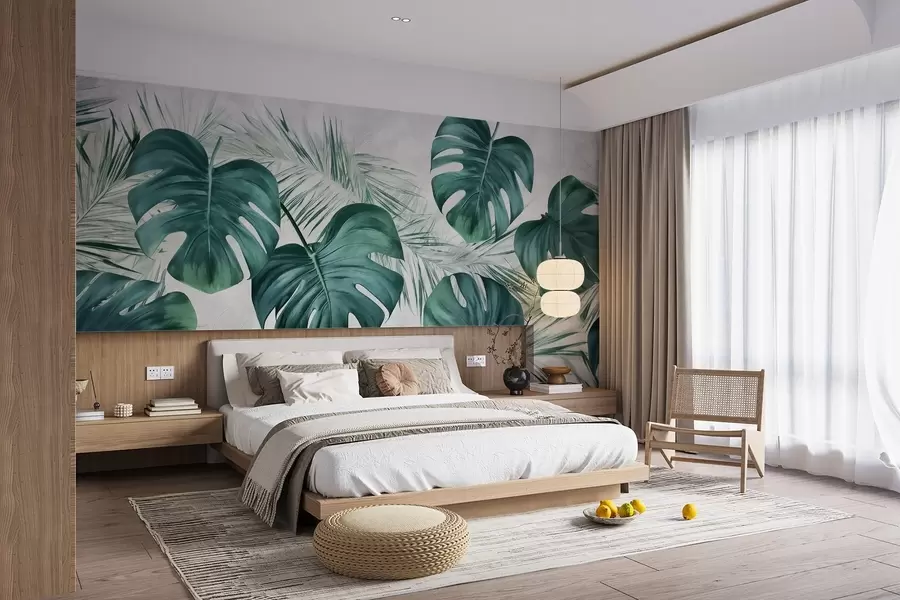 murales de pared Grandes hojas de monstera y hojas tropicales w01891