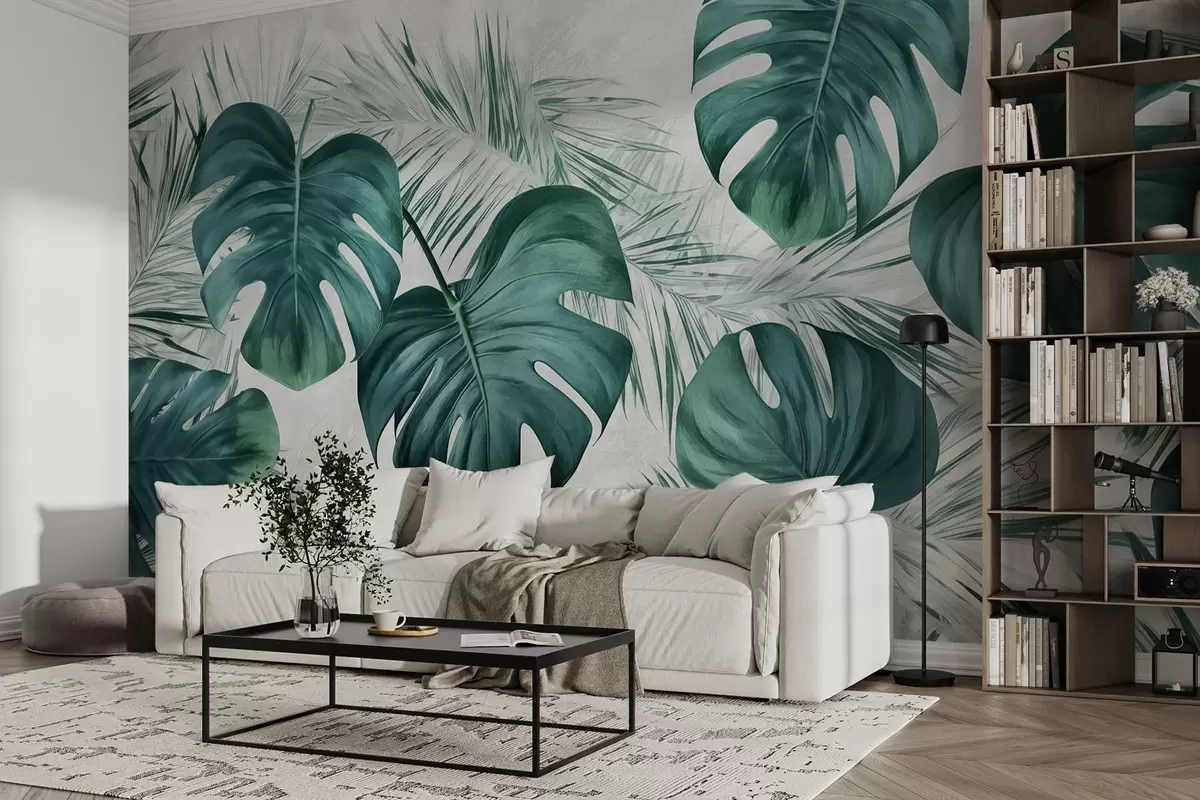Murales de pared Grandes hojas de monstera y hojas tropicales w01891 murales de pared Grandes hojas de monstera y hojas tropicales w01891