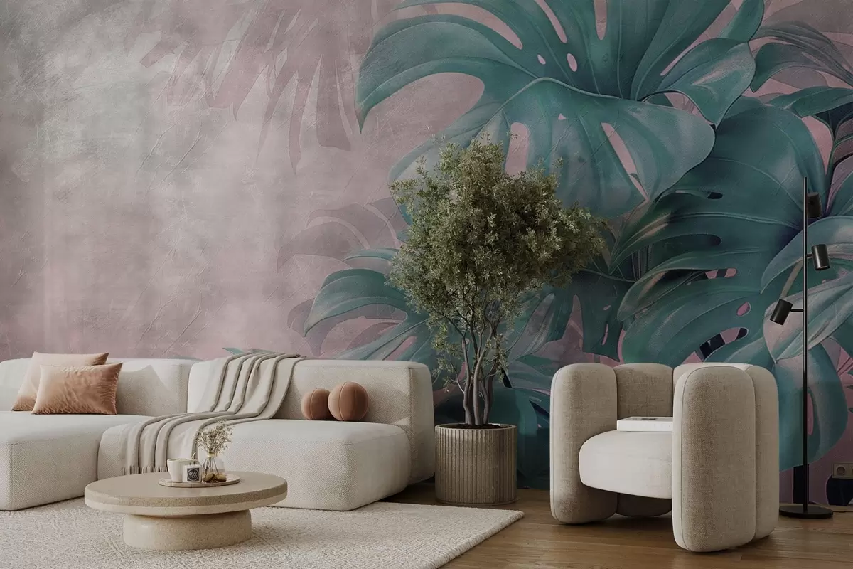 Murales de pared Grandes hojas de monstera sobre un delicado fondo rosa w01901 murales de pared Grandes hojas de monstera sobre un delicado fondo rosa w01901