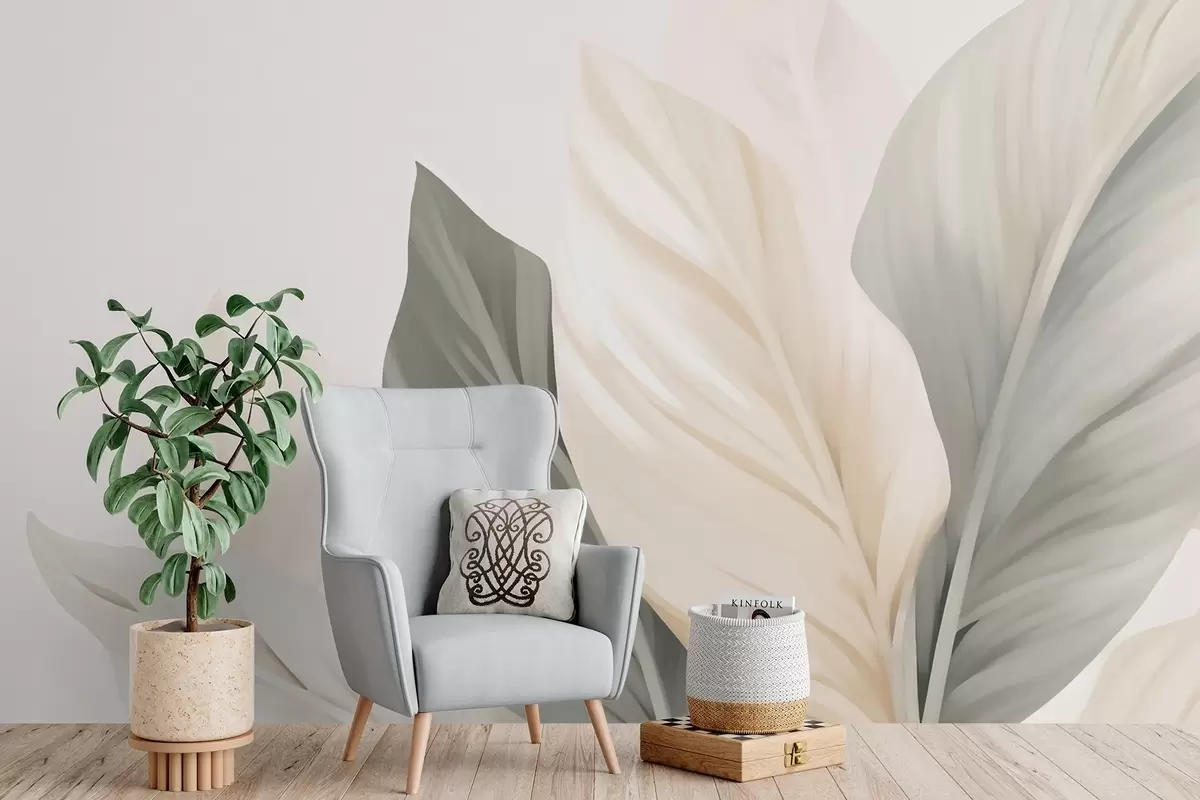 murales de pared Hojas beige y grises sobre fondo claro w02217