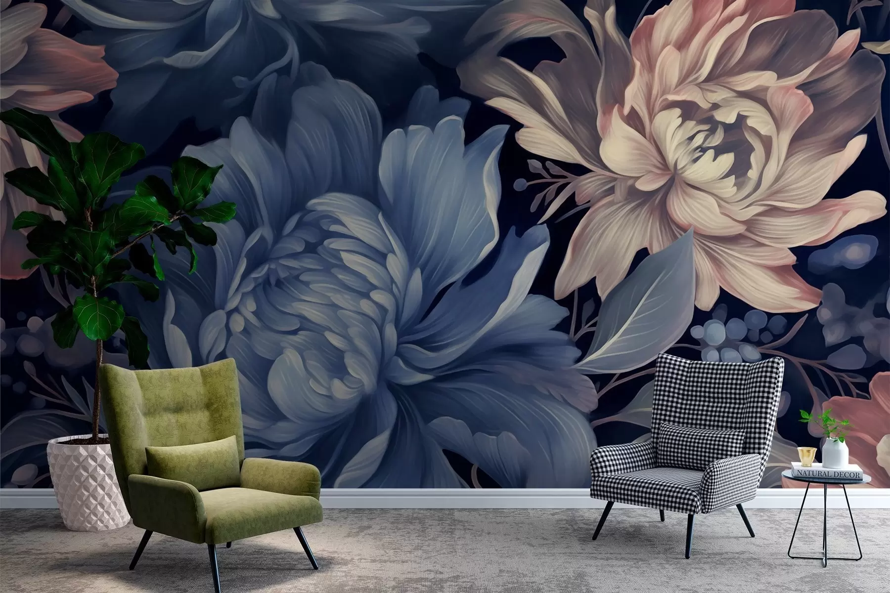 murales de pared Fondo azul oscuro con grandes peonías w02218