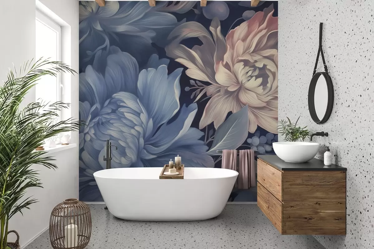 murales de pared Fondo azul oscuro con grandes peonías w02218
