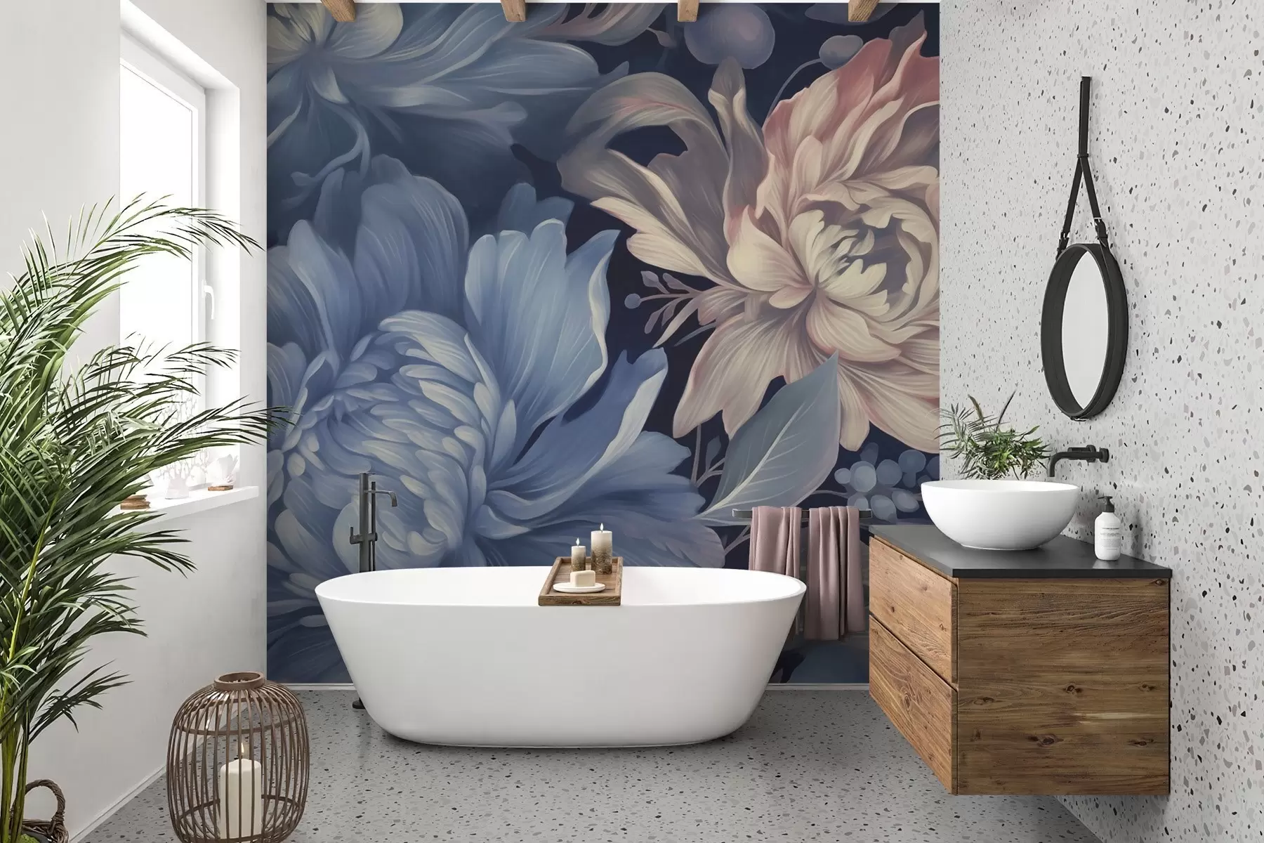 murales de pared Fondo azul oscuro con grandes peonías w02218