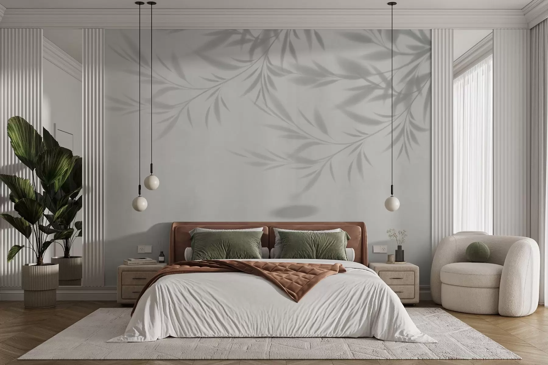 murales de pared Sombra de ramas y hojas sobre fondo de olivo w02283