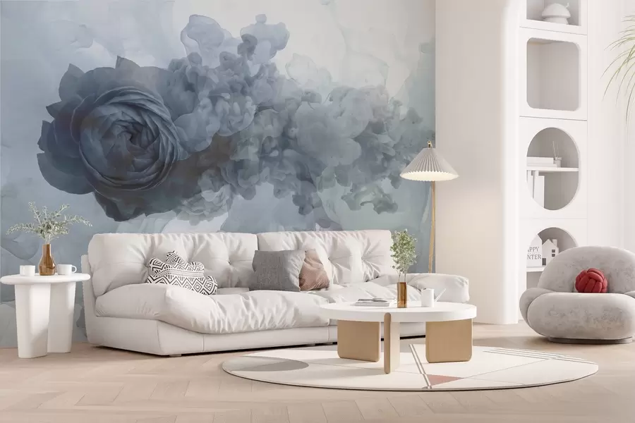 Murales de pared Rosa en el humo. El papel pintado se inspira en los patrones aéreos de la fatalidad y la rosa. En colores fríos. w02138 murales de pared Rosa en el humo. El papel pintado se inspira en los patrones aéreos de la fatalidad y la rosa. En colores fríos. w02138
