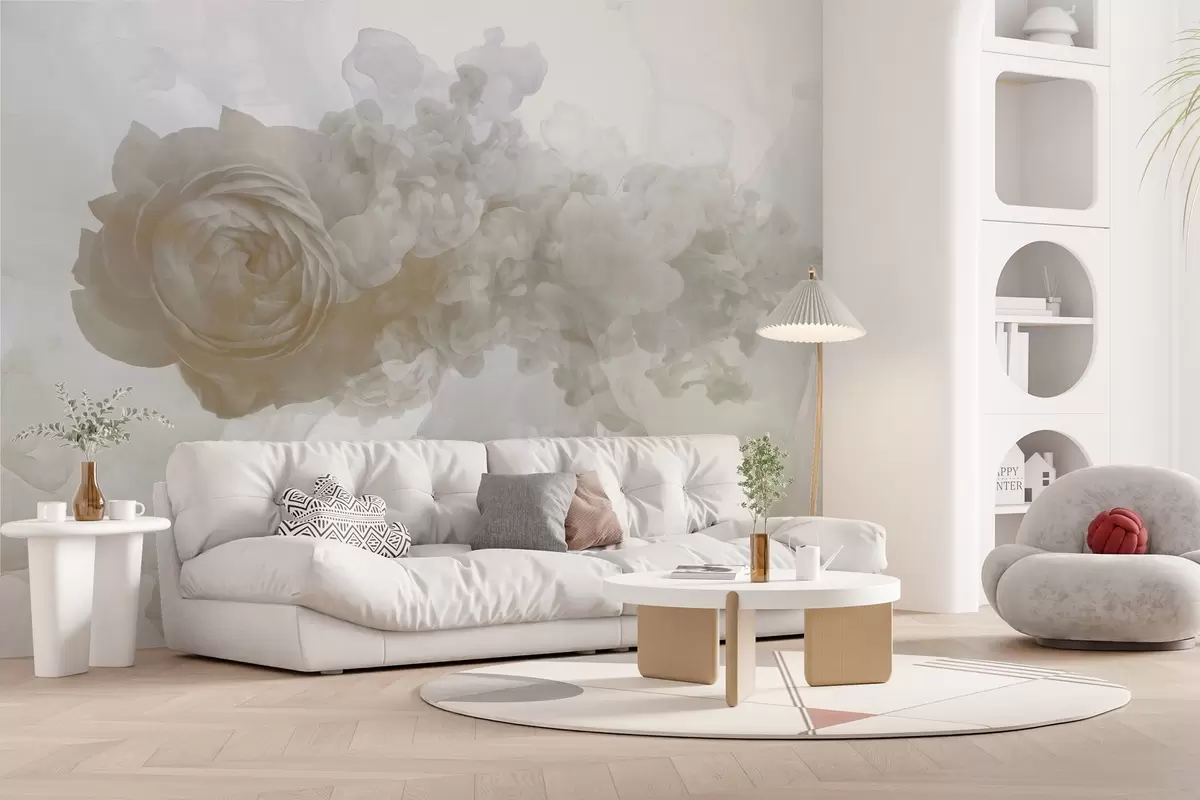 Murales de pared Rosa en el humo. El papel pintado se inspira en los patrones aéreos de la fatalidad y la rosa. En tonos beige. w02138v1 murales de pared Rosa en el humo. El papel pintado se inspira en los patrones aéreos de la fatalidad y la rosa. En tonos beige. w02138v1