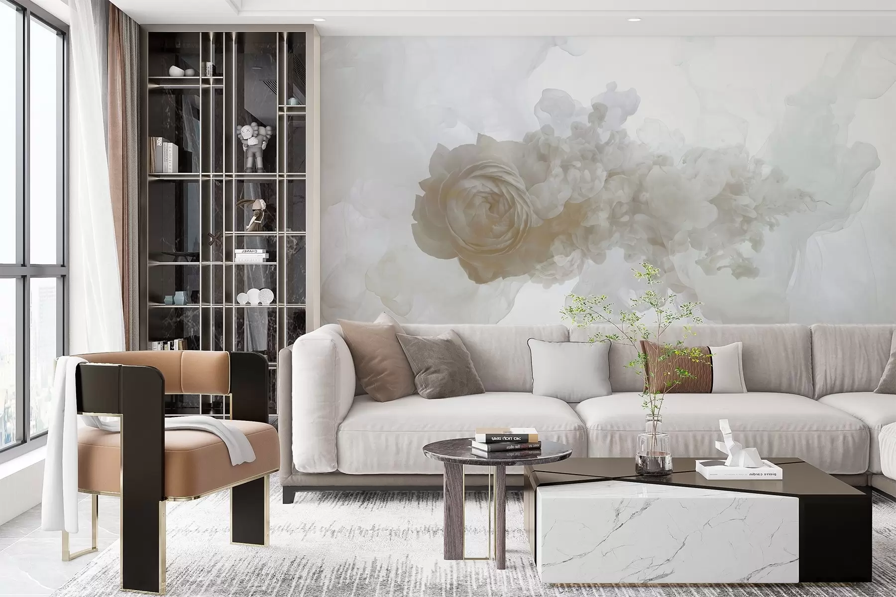 murales de pared Rosa en el humo. El papel pintado se inspira en los patrones aéreos de la fatalidad y la rosa. En tonos beige. w02138v1