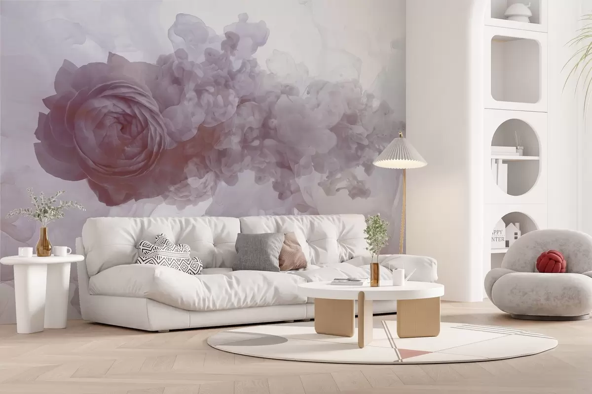 Murales de pared Rosa en el humo. El papel pintado se inspira en los patrones aéreos de la fatalidad y la rosa. En tonos morados. w02138v2 murales de pared Rosa en el humo. El papel pintado se inspira en los patrones aéreos de la fatalidad y la rosa. En tonos morados. w02138v2
