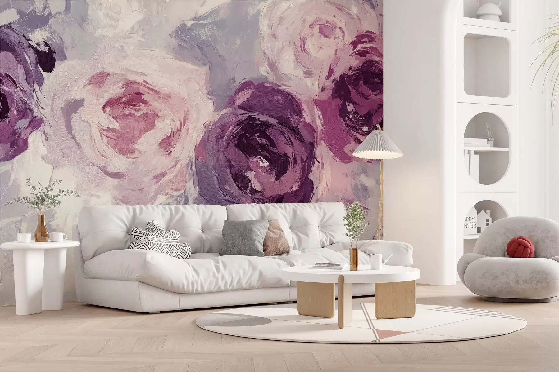 murales de pared El papel pintado es una imitación de la pintura al óleo, con grandes flores de rosa difuminadas en tonos pastel.  w02288