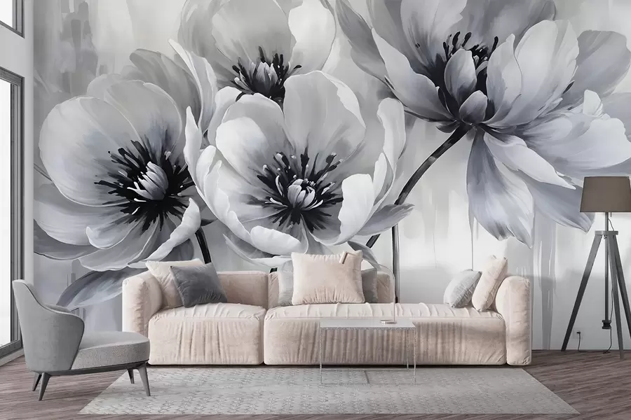 Murales de pared Flores de tulipán monocromas con pétalos suaves y difuminados sobre un fondo claro w08418 murales de pared Flores de tulipán monocromas con pétalos suaves y difuminados sobre un fondo claro w08418