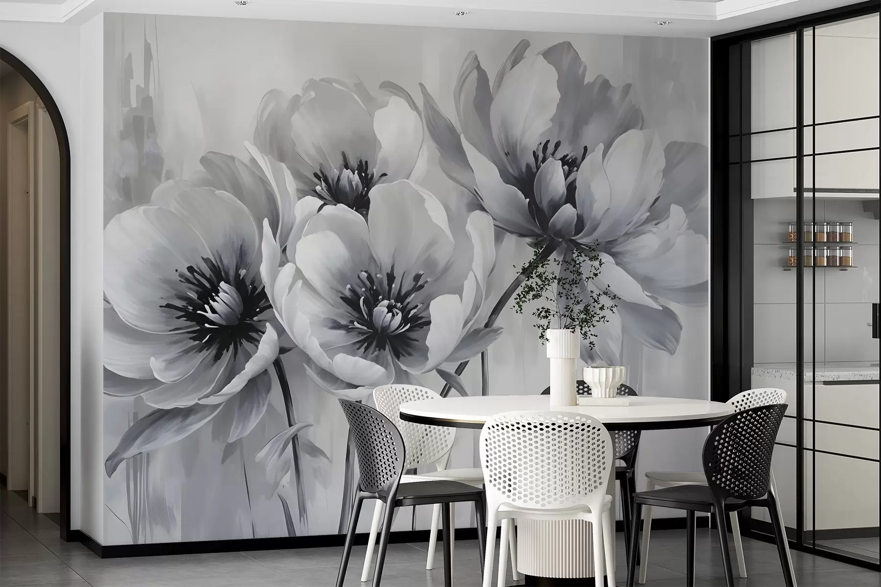 murales de pared Flores de tulipán monocromas con pétalos suaves y difuminados sobre un fondo claro w08418